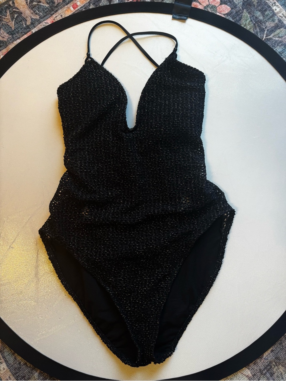Polo Ralph Lauren Black and Gold Shimmery Cross Strap One Piece Swimsuit NWT
